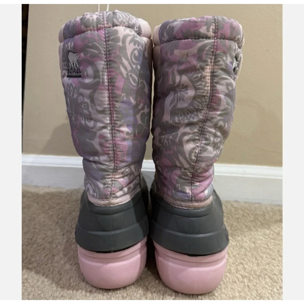 Sorel Girls 6Y Snow Boots Pink Floral Waterproof Winter Rubber Insulated Boot